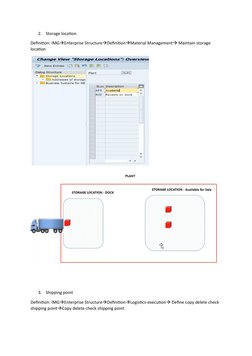 2.
Storage location
Definition: IMGEnterprise StructureDefinitionMaterial Management Maintain storage 
location
3.
Shippi