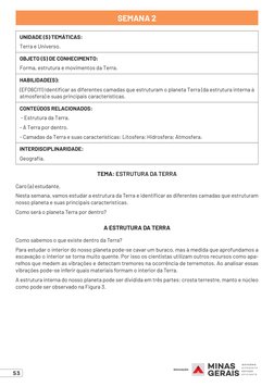 53
SEMANA 2
UNIDADE (S) TEMÁTICAS: 
Terra e Universo.
OBJETO (S) DE CONHECIMENTO: 
Forma, estrutura e movimentos da Terra.
HA