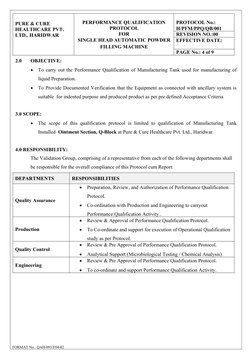PURE & CURE 
HEALTHCARE PVT. 
LTD., HARIDWAR
PERFORMANCE QUALIFICATION
PROTOCOL
FOR
SINGLE HEAD AUTOMATIC POWDER
FILLING MACH