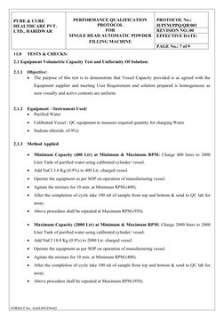 PURE & CURE 
HEALTHCARE PVT. 
LTD., HARIDWAR
PERFORMANCE QUALIFICATION
PROTOCOL
FOR
SINGLE HEAD AUTOMATIC POWDER
FILLING MACH