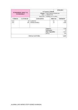 SUPERMERCADOS “LA
VENDEDORA”
25/04/2011
N° Factura.:2456/00
Cliente:
Juan Francisco Redrován
RUC:
1804562738
Dirección:
Ambat