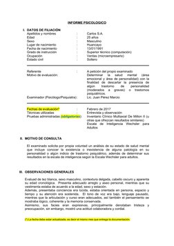 INFORME PSICOLOGICO
I. DATOS DE FILIACIÓN 
Apellidos y nombres
:
Carlos S.A.
Edad
:
25 años
Sexo
:
Masculino
Lugar de nacimie