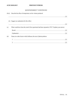GCSE BIOLOGY
PHOTOSYNTHESIS
QUESTIONSHEET 7 CONTINUED
(b)(i)
Describe the effect of temperature on the volume produced.
.....