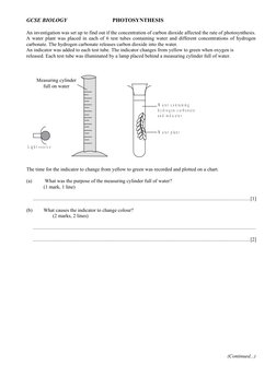 GCSE BIOLOGY
PHOTOSYNTHESIS
An investigation was set up to find out if the concentration of carbon dioxide affected the rate