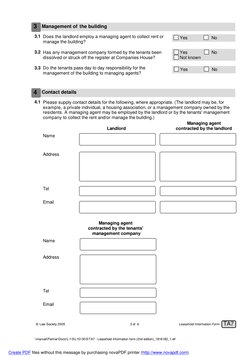 Leasehold Information Form page covering management contacts and building arrangements