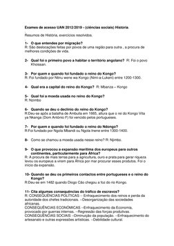 Exames de acesso UAN 2012/2019 - (ciências sociais) História.  
.  
Resumos de História, exercícios resolvidos.  
.   
1- O