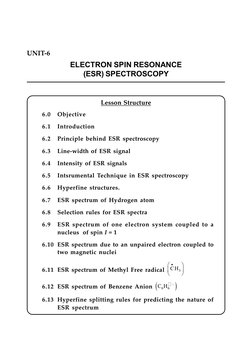 UNIT-6
ELECTRON SPIN RESONANCE
(ESR) SPECTROSCOPY
Lesson Structure
6.0
Objective
6.1
Introduction
6.2
Principle behind ESR sp