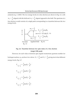 204
Electron Spin Resonance (ESR) Spectroscopy)
centered at g = 2.0023. The two energy levels of a free electron are shown in