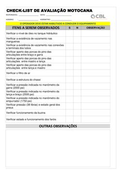 CHECK-LIST DE AVALIAÇÃO MOTOCANA
RESPONSÁVEL:  _____________________    DATA:  ___________________________  
HORÁRIO