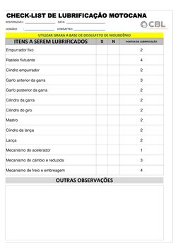 CHECK-LIST DE LUBRIFICAÇÃO MOTOCANA
RESPONSÁVEL:  _____________________    DATA:  ___________________________  
HORÁRIO
