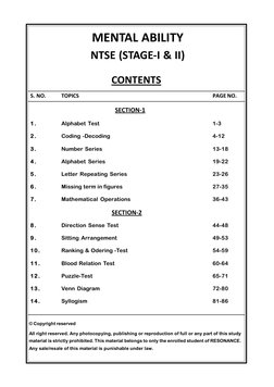 S. NO.
TOPICS
PAGE NO.
                                      SECTION-1
1.
Alphabet Test
1-3
2.
Coding -Decoding
4-12
3.
Numbe