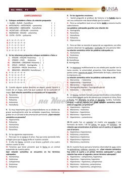 1 
CAMPO SEMÁNTICO 
 
1. Coloque verdadero o falso a la relación propuesta: 
I.  ALABA – ÁLAVA – homófono 
(     ) 
II.