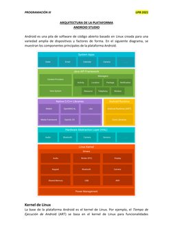 PROGRAMACIÓN III 
 
UPB 2021 
ARQUITECTURA DE LA PLATAFORMA 
ANDROID STUDIO 
 
Android es una pila de software de código abie