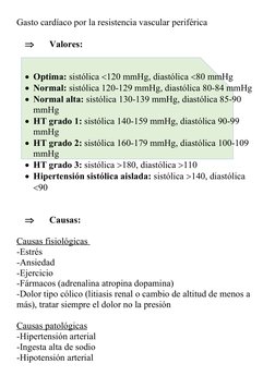 Gasto cardíaco por la resistencia vascular periférica

Valores:
Optima: sistólica 120 mmHg, diastólica 80 mmHg
Normal: s