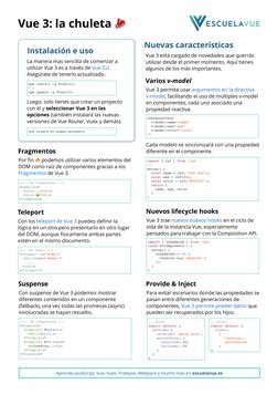 (https://escuelavue.es/)Vue 3: la chuleta 🥩
Vue 3 está cargado de novedades que querrás
utilizar desde el primer momento. Aq