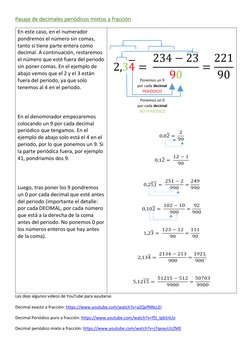 Pasaje de decimales periódicos mixtos a fracción 
En este caso, en el numerador 
pondremos el número sin comas, 
tanto si tie