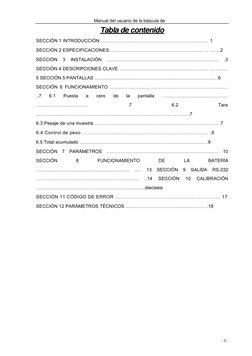 Manual del usuario de la báscula de 
sobremesa en serie PRW 
 
 
 
Tabla de contenido 
 
SECCIÓN 1 INTRODUCCIÓN …………………………………