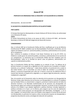 Anexo N° 04
PROPUESTA DE ORDENANZA PARA LA CREACIÓN Y ACTUALIZACIÓN DE LA OMAPED
ORDENANZA Nº
Ollantaytambo,   de enero de 20