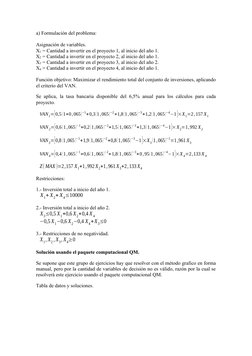 a) Formulación del problema:
Asignación de variables.
X1 = Cantidad a invertir en el proyecto 1, al inicio del año 1.
X2 = Ca