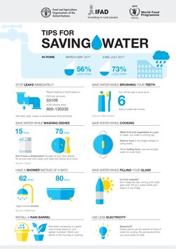 TIPS FOR 
SAVING   WATER
STOP LEAKS IMMEDIATELY! 
SAVE WATER WHILE BRUSHING YOUR TEETH
SAVE WATER WHILE WASHING DISHES
SAVE W