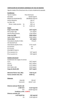 VERIFICACIÓN DE ESFUERZOS ADMISIBLES EN VIGA DE MADERA
Viga de madera Pino Americano de un tramo simplemente apoyada
Condicio