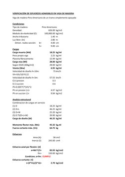 VERIFICACIÓN DE ESFUERZOS ADMISIBLES EN VIGA DE MADERA
Viga de madera Pino Americano de un tramo simplemente apoyada
Condicio
