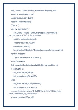 sql_Query = "select Product_name from shopping_mall"  
    cursor = connection.cursor() 
    cursor.execute(sql_Query)