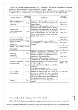 Página7
    Os tipos de proteção para equipamentos “Ex”, conforme a IEC/ABNT, a simbologia associada,
definição e Normas apli