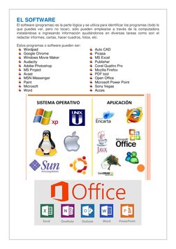 EL SOFTWARE 
El software (programas) es la parte lógica y se utiliza para identificar los programas (todo lo 
que puedes ve