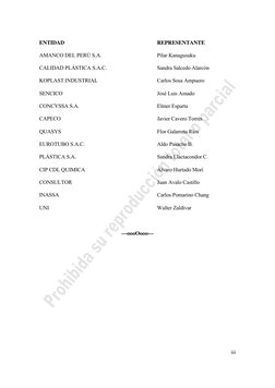 iii 
ENTIDAD 
REPRESENTANTE 
 
AMANCO DEL PERÚ S.A. 
Pilar Kanagusuku 
 
CALIDAD PLÁSTICA S.A.C. 
Sandra Salcedo Alarcón