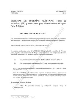 NORMA TÉCNICA 
NTP-ISO 4427-2 
PERUANA 
1 de 24 
 
 
 
 
SISTEMAS DE TUBERÍAS PLÁSTICAS. Tubos de 
polietileno (PE) y conex