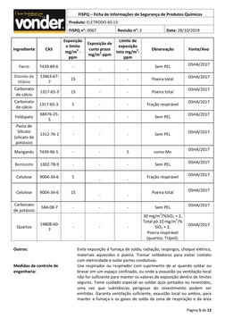Página 5 de 12 
 
FISPQ – Ficha de Informações de Segurança de Produtos Químicos 
Produto: ELETRODO 60.13 
 
FISPQ n°