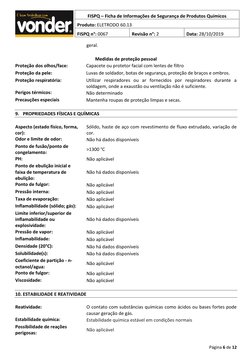 Página 6 de 12 
 
FISPQ – Ficha de Informações de Segurança de Produtos Químicos 
Produto: ELETRODO 60.13 
 
FISPQ n°