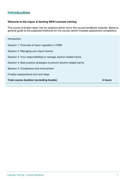 T Licensee Training – Course Handbook 
7 
 Introduction
 
Welcome to the Liquor & Gaming NSW Licensee training 
 
The cours