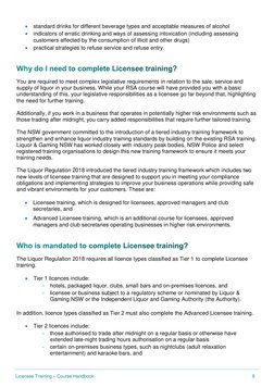 T Licensee Training – Course Handbook 
9 
 
 standard drinks for different beverage types and acceptable measures of alcoh