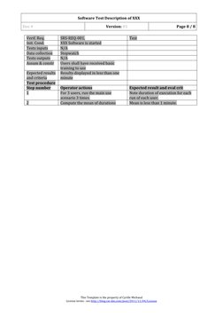 Software Test Description of XXX
Doc #
Version: 01
Page 8 / 8
Verif. Req.
SRS-REQ-001, 
Test
Init. Cond.
XXX Software is star