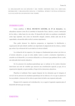 Tema 16 
LA  ORGANIZACIÓN  DE  LOS  ESPACIOS  Y  DEL  TIEMPO.  CRITERIOS  PARA  UNA  ADECUADA
DISTRIBUCIÓN Y ORGANIZACIÓN ESP
