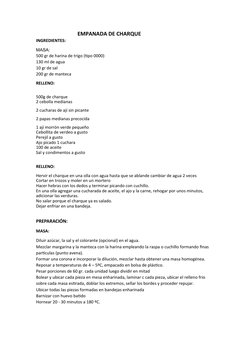 EMPANADA DE CHARQUE 
INGREDIENTES:
MASA:
500 gr de harina de trigo (tipo 0000)
130 ml de agua