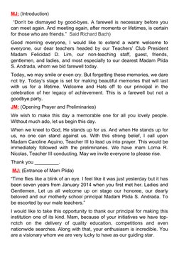 MJ: (Introduction)
 “Don’t be dismayed by good-byes. A farewell is necessary before you
can meet again. And meeting again, af