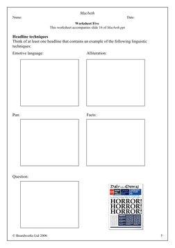 Macbeth
Name:
Date:
Worksheet Five 
This worksheet accompanies slide 16 of Macbeth.ppt
Headline techniques
Think of at least