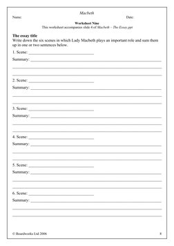 Macbeth
Name:
Date:
Worksheet Nine 
This worksheet accompanies slide 4 of Macbeth – The Essay.ppt
The essay title
Write down