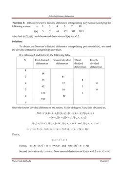 School of Distance Education
Numerical Methods
Page 104
Problem 3:
Obtain Newton’s divided difference interpolating polynomia