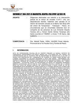 POLICÍA NACIONAL DEL PERU 
REGION POLICIAL - PASCO
COMISARIA-LA QUINUA 
INFORME N° 004-2021-V-MACREPOL-REGPOL-PAS CPNP-LQ/SEC