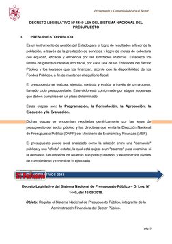 CAMBIOS NORMATIVOS 2018
CAMBIOS NORMATIVOS 2018
Presupuesto y Contabilidad Para el Sector
Público
DECRETO LEGISLATIVO Nº 1440