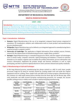 DEPARTMENT OF MECHANICAL ENGINEERING 
DIGITAL MANUFACTURING 
 
 
 
 
 
 
Topic 1: Introduction - Definition 
 Siemens: Dig