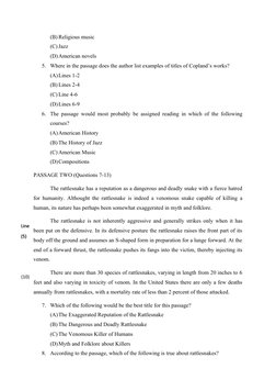 (B) Religious music
(C) Jazz
(D)American novels
5. Where in the passage does the author list examples of titles of Copland’s