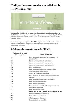 Codigos de error en aire acondicionado 
PRIME inverter 
 
Quieres saber el código de error que esta dando tu aire acondiciona