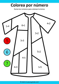 © 2021 truewaykids.com
5
1+4
3+2
4+1
6
3+3
1+5
4+2
7
4+3
6+1
5+2
Colorea por número
Suma los números para colorear la túnica.