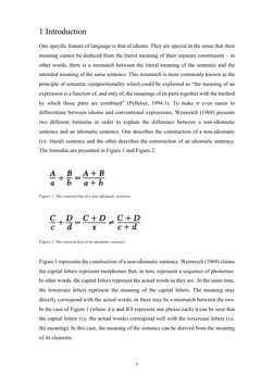 1
1 Introduction
One specific feature of language is that of idioms. They are special in the sense that their
mea