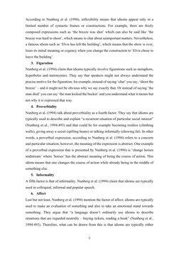 5
According to Nunberg et al. (1994), inflexibility means that idioms appear only in a
limited number of syntactic fr